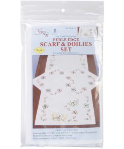 Jack Dempsey Fluttering Butterflies Stamped Perle Edge Scarf   Doilies