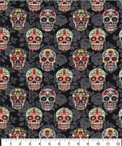 Novelty Cotton Fabric Decorative Skulls On Black Floral