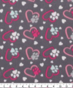 Blizzard Fleece Fabric Pink Gray Paws And Hearts