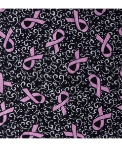 Breast Cancer Ribbons   Swirls Black Batik Cotton Fabric