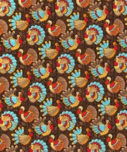 Fall Teal Turkeys on Brown Cotton Fabric