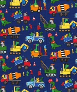 Dinosaurs   Trucks on Blue Novelty Cotton Fabric