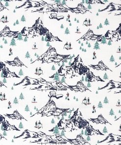 Skiing In The Mountains on White Novelty Cotton Fabric