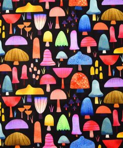 Bright Mushrooms on Black Novelty Cotton Fabric - 1