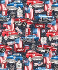 Fabric Traditions Car Travel Americana on Black Novelty Cotton Fabric