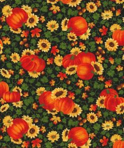 Fall Harvest Bounty Pumpkins on Black Glitter Cotton Fabric