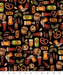 Beer   Pretzels on Black Novelty Cotton Fabric