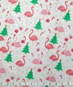 Flamingos   Trees on White Christmas Cotton Fabric