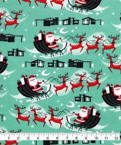 Santa Sleigh on Aqua Super Snuggle Christmas Flannel Fabric