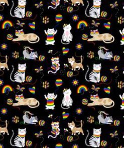 Fabric Traditions Cats   Rainbows on Black Novelty Cotton Fabric