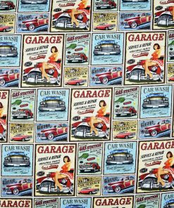 Vintage Garage Signs Novelty Cotton Fabric