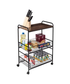 Honey Can Do 34 Black   Walnut 3 Tier Cart With Wood Shelf   Baskets