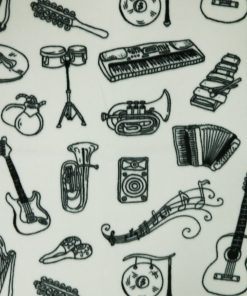Sketched Instruments on Gray Anti Pill Fleece Fabric
