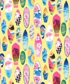 Fabric Traditions Surfboards on Yellow Novelty Cotton Fabric