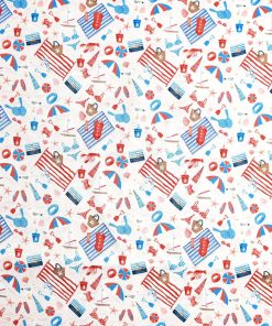 Americana Beach on White Novelty Cotton Fabric