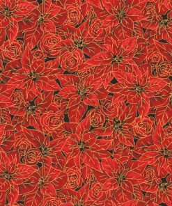 Red Gilded Poinsettias Christmas Metallic Cotton Fabric