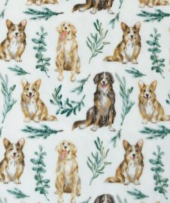 Dogs   Leaves on White Anti Pill Fleece Fabric