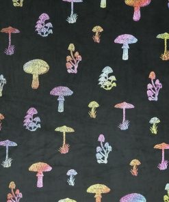 Mutlicolor Metallic Mushrooms on Black Pure Plush Fleece Fabric