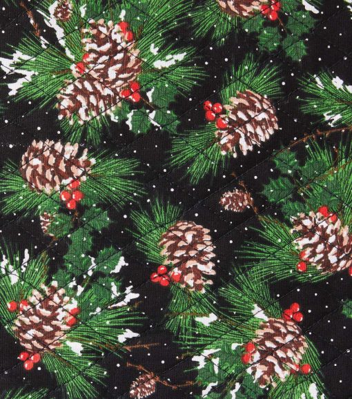 Pinecones   Plaid Double Faced Pre Quilted Christmas Cotton Fabric