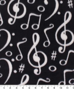Music Notes on Black Anti Pill Fleece Fabric