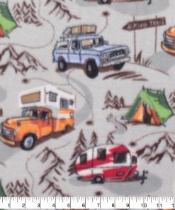 RV Campers on Gray Anti Pill Fleece Fabric