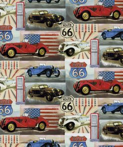 David Textiles Red Vintage American Cars Novelty Cotton Fabric