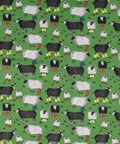 Sheep In Rainboots on Green Novelty Cotton Fabric