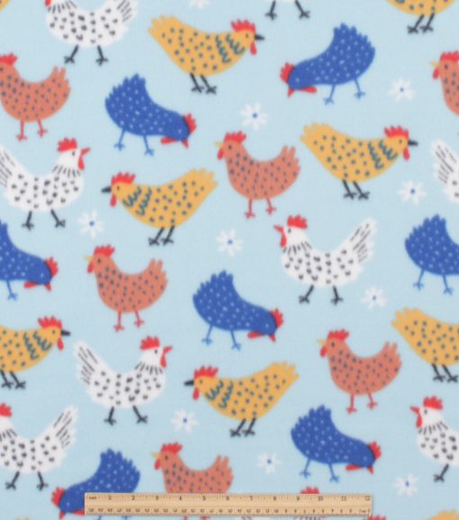 Chickens on Blue Blizzard Fleece Fabric - Image 2