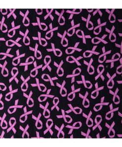 Breast Cancer Ribbons On Black Batik Cotton Fabric