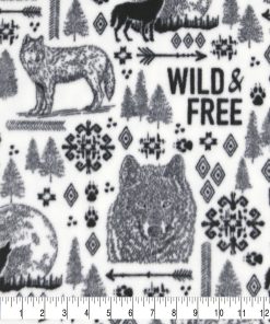 Black Wild   Free on White Anti Pill Fleece Fabric
