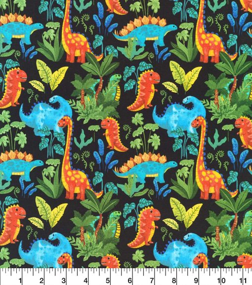 Dinosaurs on Black Novelty Cotton Fabric - Image 2