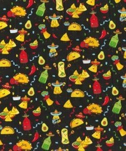 Taco Party on Black Novelty Cotton Fabric
