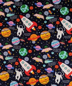 Outer Space Friends On Black Novelty Cotton Fabric by POP!