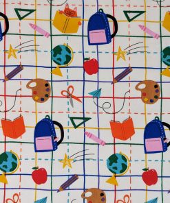 Multicolor School Supplies On Plaid Novelty Cotton Fabric by POP!