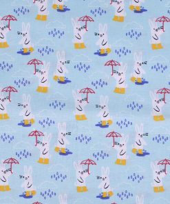 Bunnies In The Rain on Blue Novelty Cotton Fabric