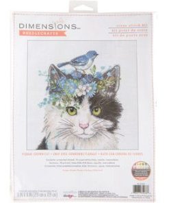 Dimensions 11 x 11 Floral Crown Cat Counted Cross Stitch Kit