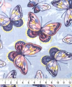 Purple   Pink Butterflies on Blue Anti Pill Fleece Fabric