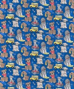 Back To School Puppies on Blue Novelty Cotton Fabric