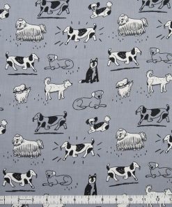 Sketched Dogs On Gray Novelty Prints Cotton Fabric