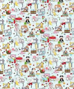 Cats on Sewing Machines on Blue Novelty Cotton Fabric