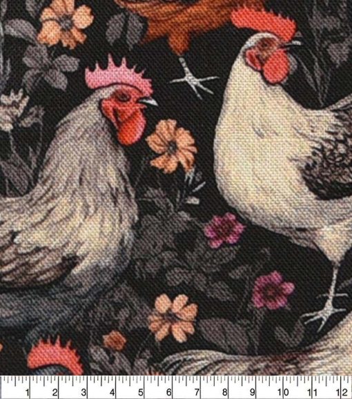 Roosters on Black Novelty Cotton Fabric - Image 2