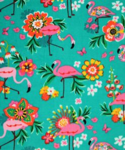 Tropical Floral Flamingo on Blue Anti Pill Plush Fleece Fabric