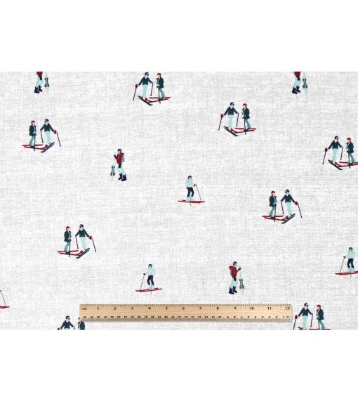 Skiers on White Novelty Cotton Fabric - Image 4
