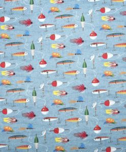 Blue Fishing Hooks   Bobbins Novelty Prints Cotton Fabric
