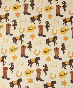 Western Cowgirl on Brown Novelty Cotton Fabric