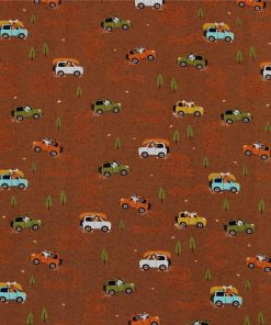 Animals In Camping Cars On Brown Super Snuggle Flannel Fabric by POP!