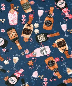 Champagne Flutes   Bottles on Blue Novelty Cotton Fabric