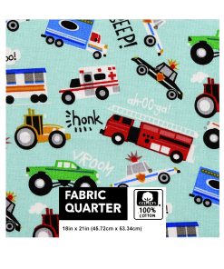 18 x 21 Beep Honk Vroom on Blue Novelty Cotton Fabric Quarter 1pc