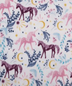 Unicorns   Leaves on White Anti Pill Fleece Fabric