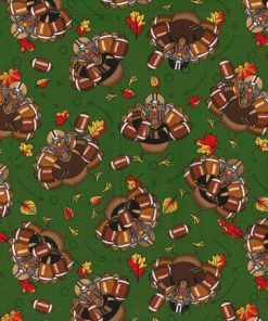 Fall Football Turkeys on Green Cotton Fabric